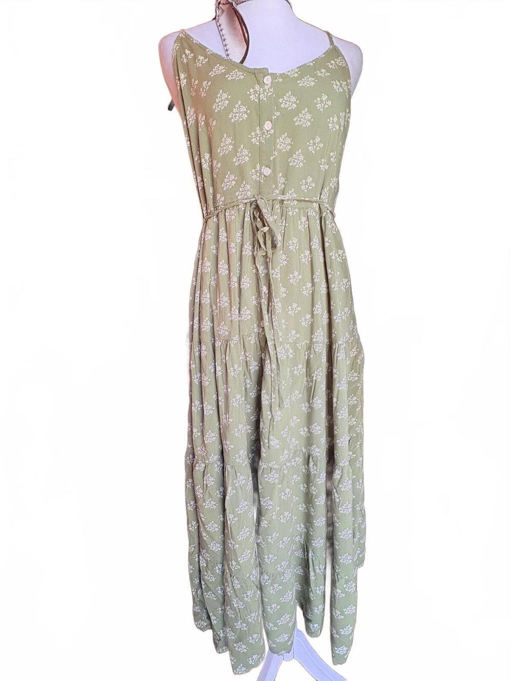Patrons of Peace Leaf Green Floral Tiered Ruffle Dress M